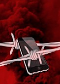 Cell phone wrapped in barbed wire, illustration