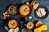Pumpkin and sweet potato soup with carrots and turmeric