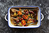Roasted Mackerel with vegetables in a roasting tin