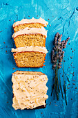 Lemon and poppy seed loaf cake with a lavender buttercream icing