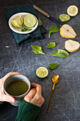 Green tea, limes, pears and basil