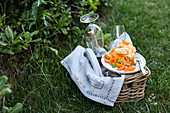 Picknickkorb mit Aprikosenkuchen und Picknickzubehör auf grüner Wiese