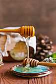 Selection of honey in small honey jars