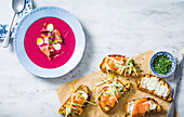 Beetroot and cucumber gazpacho with salmon, Smoked salmon bruschetta with apple
