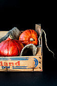 Two Hokkaido pumpkins in a vegetable box