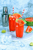 Summer refreshing fresh juice from ripe pulp of watermelon with ice