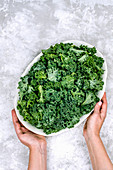 Fresh kale leaves on a dish in the hands of a girl