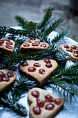 Gingerbread Christmas heart biscuits decorated with glace cherries