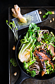 Roasted duck breast with soba noodles, vegetables, cilantro and peanuts in a cast-iron pan
