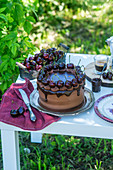 Chocolate and cherry cake in a garden