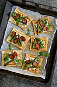 Tartlets with asparagus, chorizo and manchego cheese