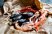 Fresh seafood on parcel paper