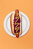 A hot dog with red sauerkraut and mustard on a plate in front of an orange background