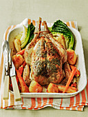 Roast chicken with potatoes, carrots and cabbage