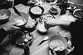 A table scene with ingredients for Pho Bo (traditional soup from Vietnam)