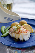 Cod with horseradish, prawns and brown lemon butter