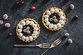 Shortcrust tartlets with vanilla cream, cranberries and rosemary