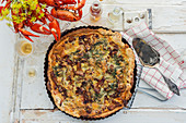 Quiche with mushrooms, crayfish and bacon