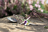 Kaffeelöffel mit Heidekraut und Hornveilchenblüte