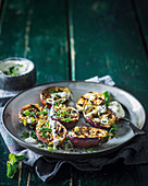 Grilled brinjals with tahini, yoghurt and mint