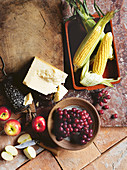 Corn, parmesan, apples and grapes