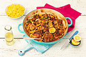 Chicken with olives and lemon, curried rice