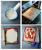 Pizza mit Tomaten und Mozzarella auf heißem Stein zubereiten
