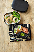 California rolls with cream cheese, edamame and mint