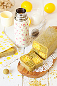 Pistachio and Lemon Battenberg Cake with a Flask of Tea