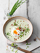 Chive and potato soup with bacon, North-Rhine Westphalia, Germany