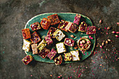 Turkish Delight different taste and colors with rose petals and pistachio nuts