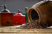 Coffee beans and vintage grinder
