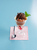 An ice cream sundae with cherry jelly, chocolate ice cream and dark chocolate sauce