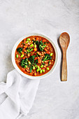 Slow-cooked barley, ginger and miso soup with edamame