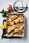 Easy salmon, fennel and olive tray bake with oranges