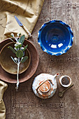 Blue and brew bowls and teapot