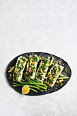 Baked salmon with wasabi and green asparagus