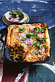 Filo pastry tart with chicken, egg and onions