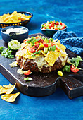 Baked meatloaf with cheese, nachos, tomatoes and avocado