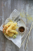 Shrimp tempura with wasabi and a dip (Japan)