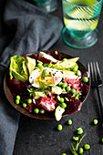 Red beet marinated salmon salad with egg