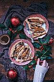 Festive Christmas crepes topped with melted dark chocolate and peanut butter
