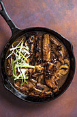 Slow cooked chineese pork belly slices with honey, soy sauce, five spice and star anise sauce