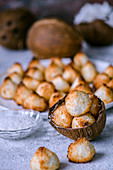 Coconut biscuits in coconut shell, coconuts and coconut chips