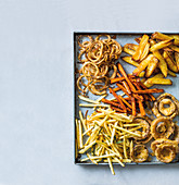 Duck fat chips, crispy onion tangles, sweet potato chips, beer-battered onion rings and shoestring fries