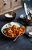 Pumpkin and coconut curry with rice (India)
