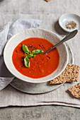 Tomato soup with fresh basil in a white bowl with a cracker