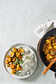 Cauliflower and eggplant curry with rice