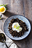 Schwarze Beluga-Linsen mit Vollmilchjoghurtdip, Olivenöl und Oregano