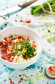 Making Paprika Dip with Spring Onion and Sour